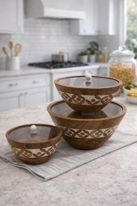 طقم 3 علب مع غطا خشب