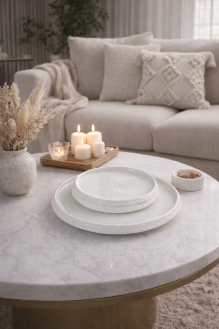 طقم 7 قطع جاط مسطح مع 6 صحون لتقديم الكيك ابيض صخرة