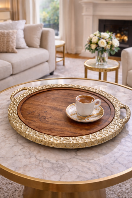 صينية مدور خشب داير نحاش منقش