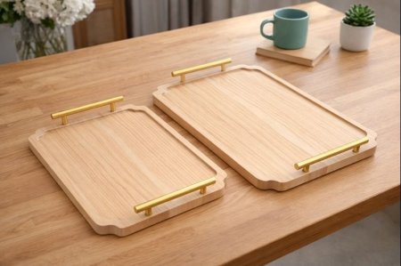 طقم صواني قطعتين خشب فاتح بحفة