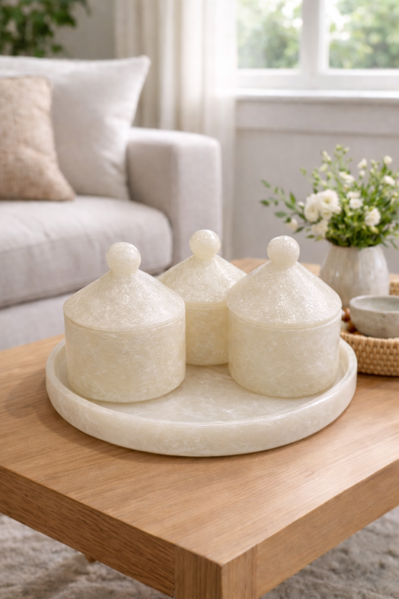 طقم صينية مدورة مع 3 علب ريزن