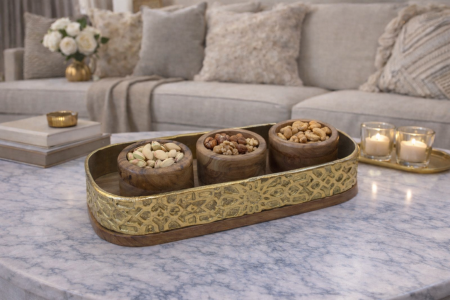 صينية تقديم مع 3 صحون خشب هندي