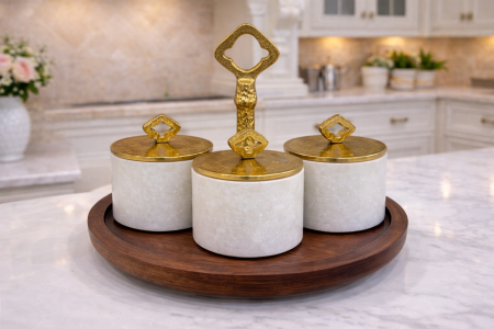 طقم 3 علب رخام مع ستاند خشب هندي