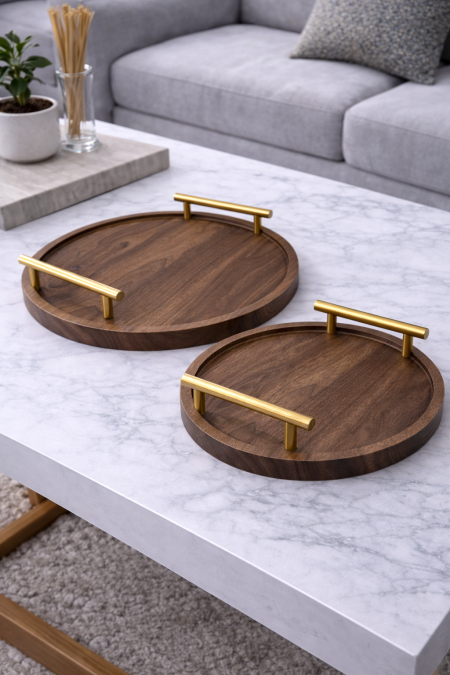 طقم صواني مدور قطعتين يد ذهبي