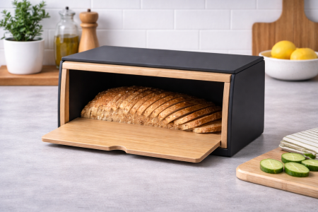 حافظة خبز معدن وخشب سادة