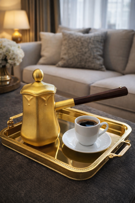 طقم غلايات قهوة ذهبي يد خشب 350/540/720 مل