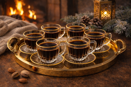 طقم 6 فناجين قهوة محزز ذهبي مع صحون