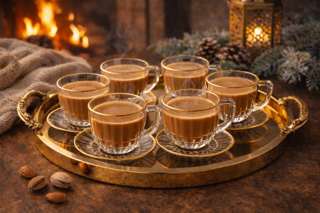 طقم 6 كاسات شاي /نسكافيه مع صحون محزز ذهبي