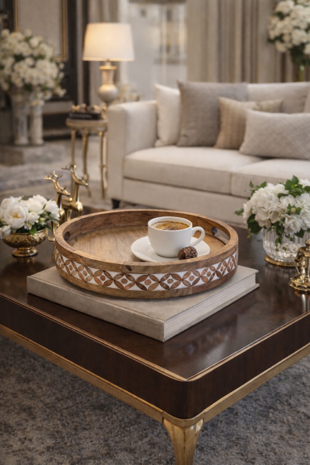 صينية خشب مدور مع يدين