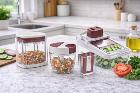 طقم 3 قطع فرامة بخيط + قطاعة خضار مع رؤوس مختلفة+ قطاعة بطاطا مع رؤوس