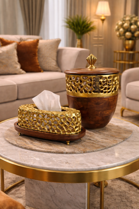 طقم سلة نحاس مع خشب مع بكيت محارم هندي