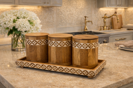 طقم صينية مع 3 علب خشب