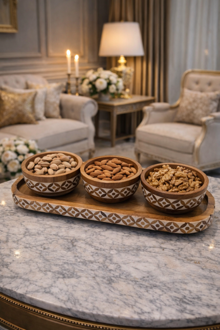 صينيه تقديم مع 3 صحون للمكسرات خشب مع نقشة