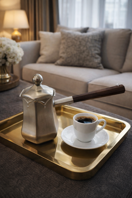 طقم غلايات قهوة فضي يد خشب 350/540/720 مل