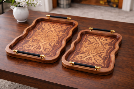 طقم صواني خشب قطعتين مموج زخرفة