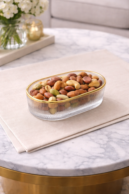 طقم 6 صحون بيضاوي للتقديم شفاف حز ذهبي