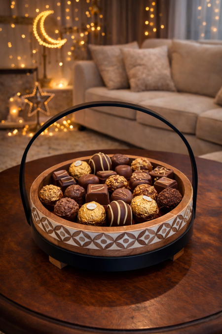 مضيفة مع حمالة للشوكولاتة