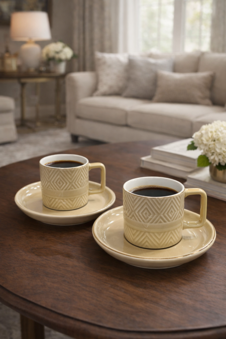 طقم 12 فنجان بيج منقش