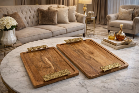 طقم صواني قطعتين خشب هندي ايدين نحاس