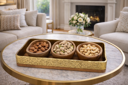 صينيه مستطيل مع 3 صحون تقديم خشب هندي