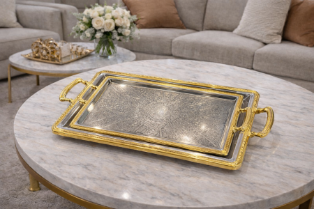 طقم صواني قطعتين فضي داير دهبي