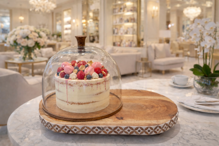 مضيفة تقديم مميزة للكيك مع غطا زجاج