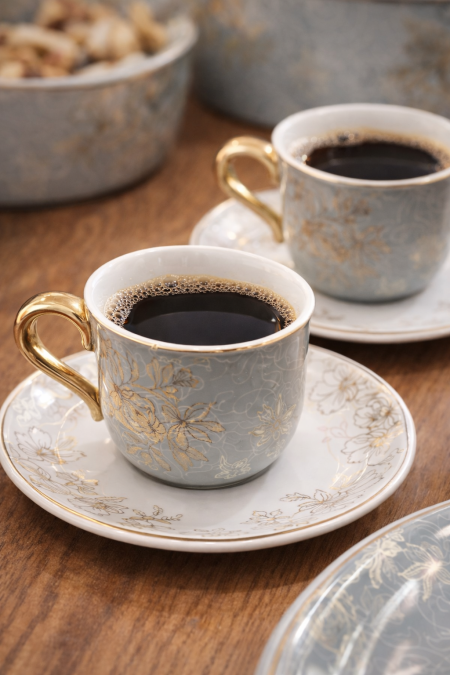 طقم 6 فناجين قهوة رمادي منقش ورده