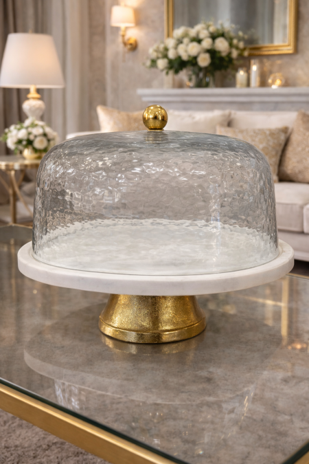 مضيفة تقديم للكيك رخام غطا زجاج