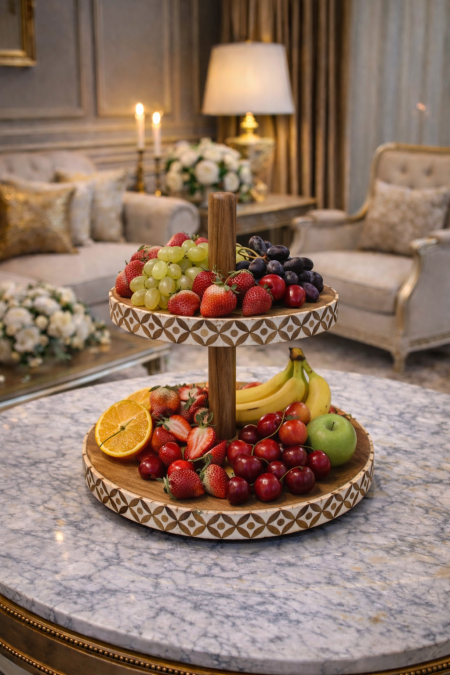 مضيفة تقديم طبقتين للفواكه والحلويات