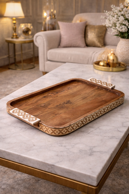 صينية حجم كبير مستطيل خشب مع نقشه