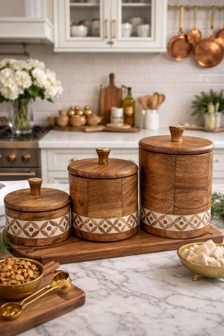 طقم 3 علب للتقديم خشب مع نقشه ابيض