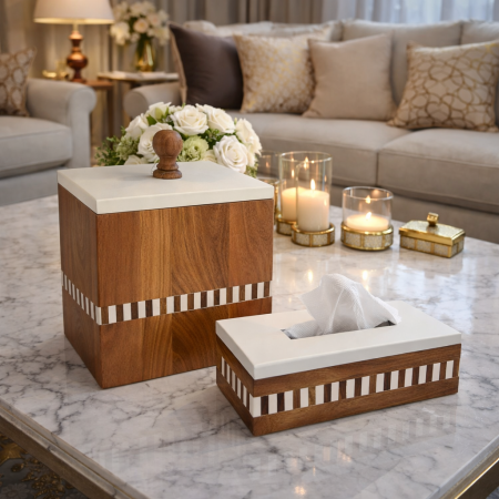 طقم سلة مع بكيت محارم خشب