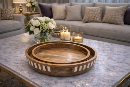 طقم صواني مدور قطعتين خشب