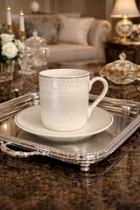 طقم 12 فنجان ابيض مزخرف