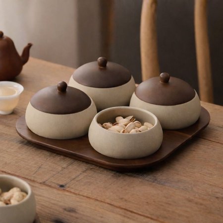 مضيفة خشب قاعدة مع 4 علب رخام مع غطاء