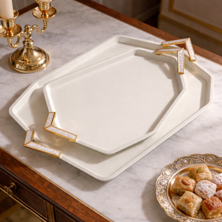 طقم صواني قطعتين حجم كبير ابيض مضلع