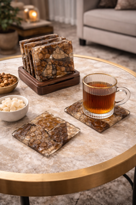 طقم قاعدة مع 4 كوسترات للسخن خشب مع ريزن