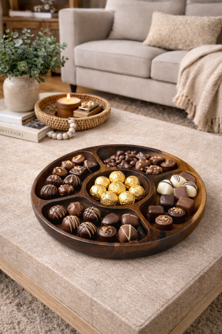 قاعدة خشب مقسمة للشكلاتة والمكسرات خشب اكاسيا 