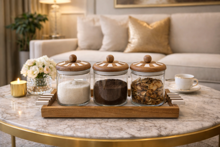 صينية خشب مع 3 علب تقديم