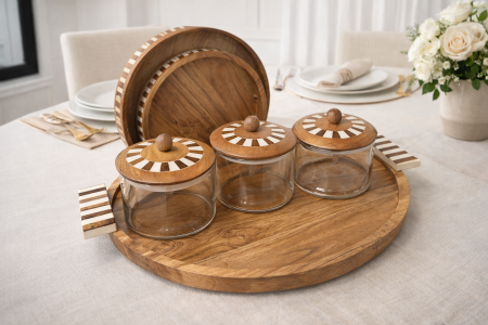 طقم صبنية مدورة مع 3 علب زجاج