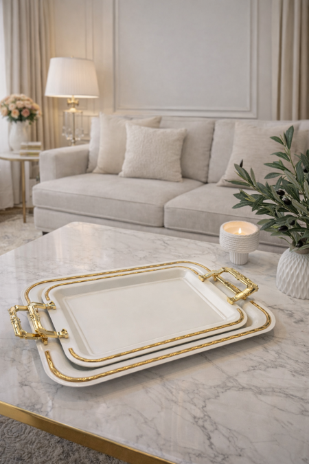 طقم صواني قطعتين ابيض مع ذهبي