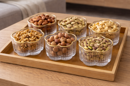 طقم صينية مع 6 صحون مكسرات شفاف حز ذهبي