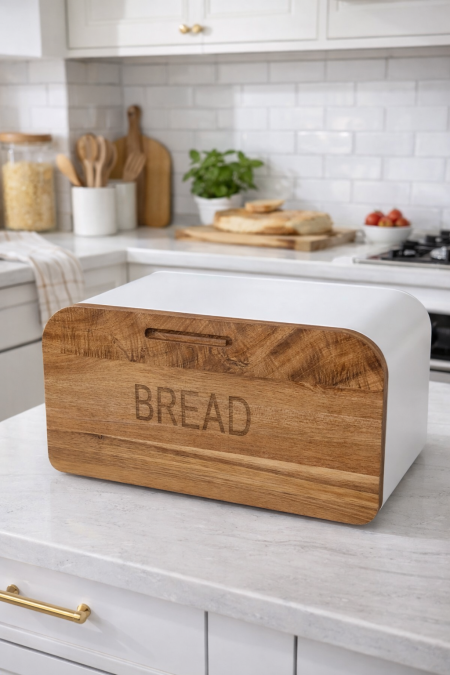 حافظة خبز معدن ابيض وخشب
