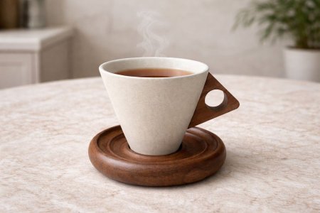 مج فخار مع صحن خشب 