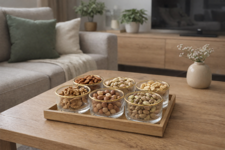 طقم صينية مع 6 صحون مكسرات حز ذهبي 