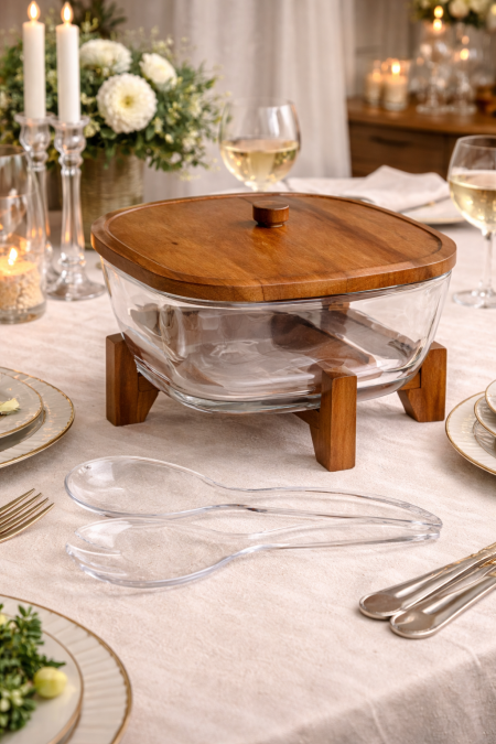 جاط سلطة تقديم مع قاعدة خشب ومغارف