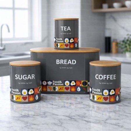 طقم حافظة خبز مع 3 سكريات معدن - رمادي