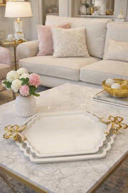 طقم صواني تقديم قطعتين ابيض مموج