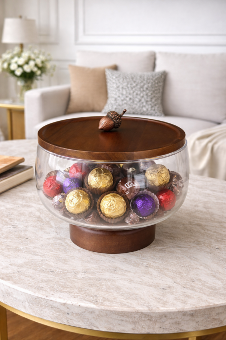 مضيفة زجاج للتقديم مع قاعده وغطا خشب 22 سم