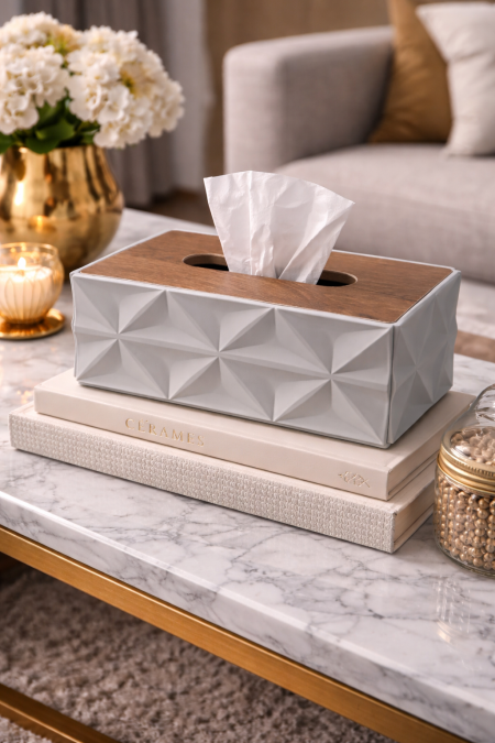 بكيت محارم رمادي فاتح مع غطا خشب